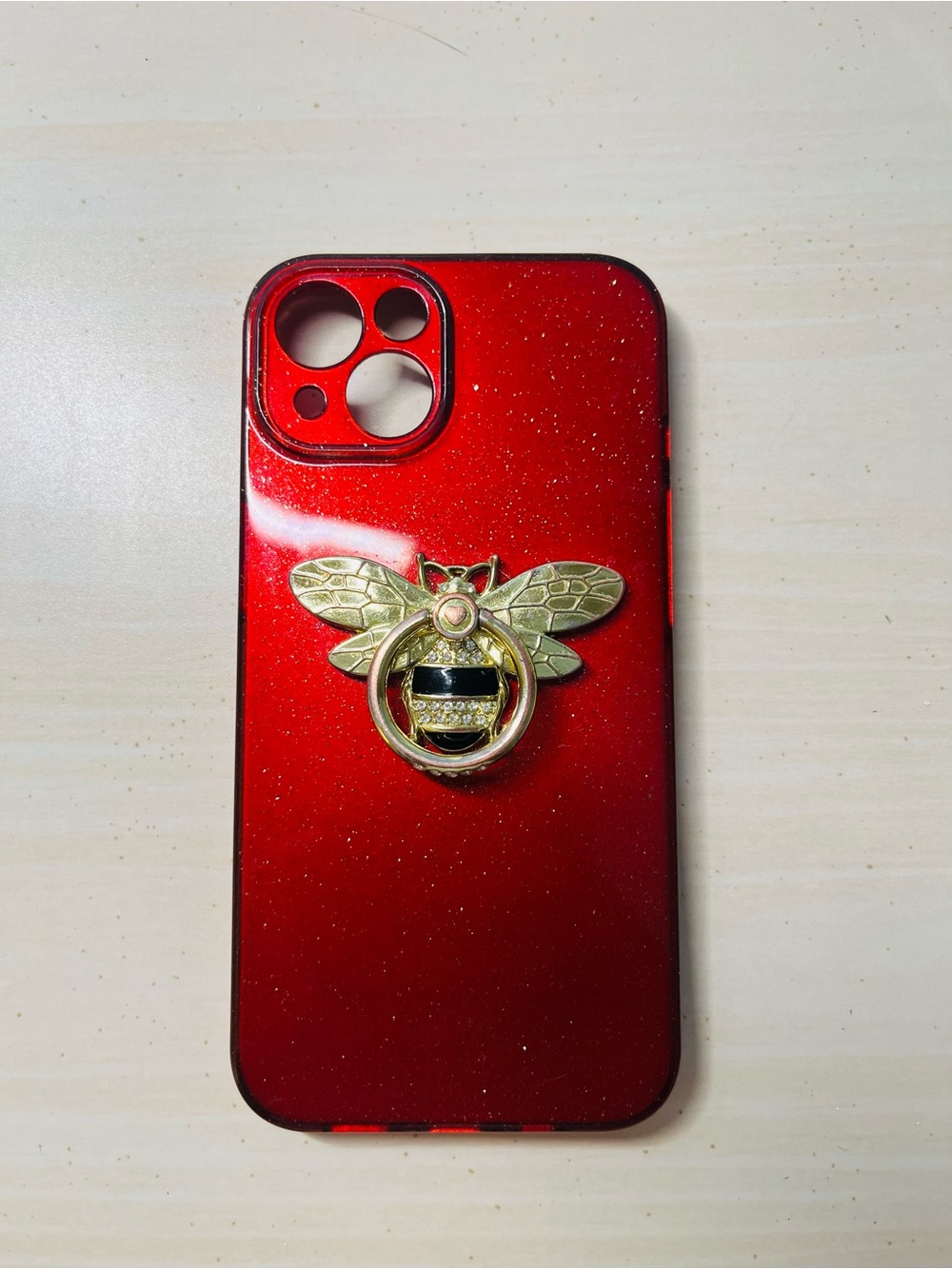 Red Glitter Phone Case with Gold Bee Ring Holder